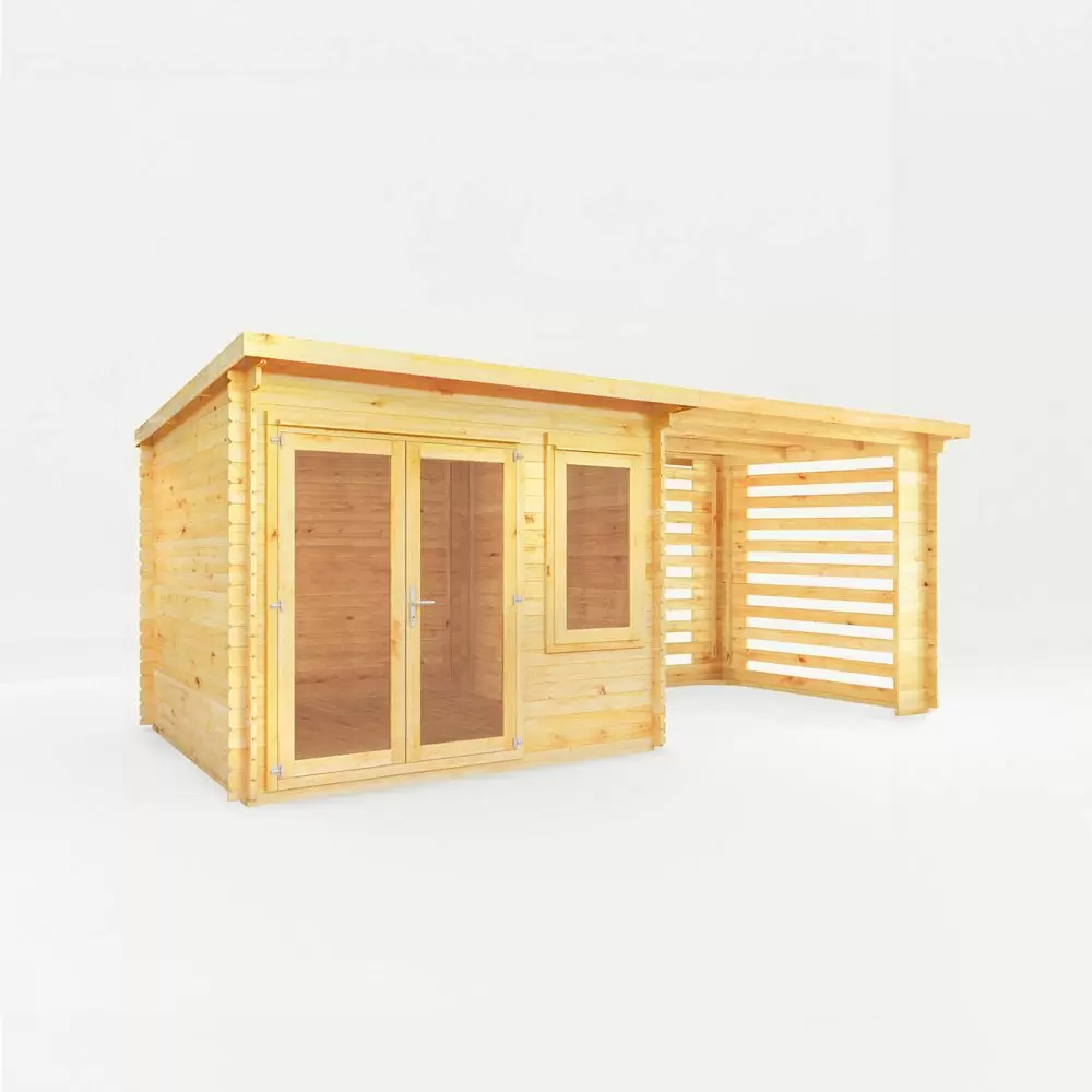 6m x 3m Elite Pent Log Cabin with Slatted Area - 28mm Wooden Garden Office with Double Glazing