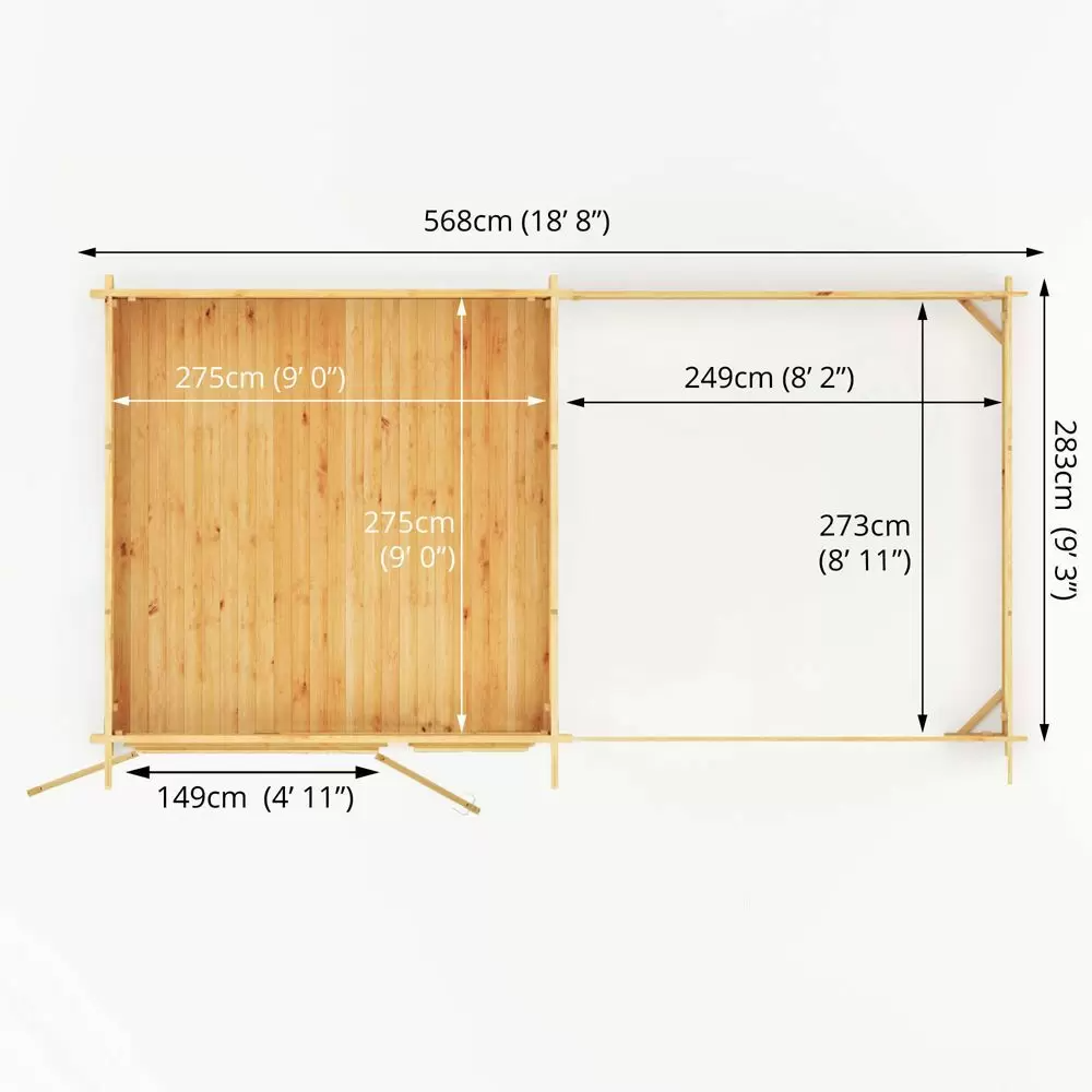 6m x 3m Elite Pent Log Cabin with Slatted Area - 28mm Wooden Garden Office with Double Glazing