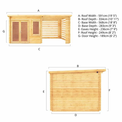 6m x 3m Elite Pent Log Cabin with Slatted Area - 28mm Wooden Garden Office with Double Glazing