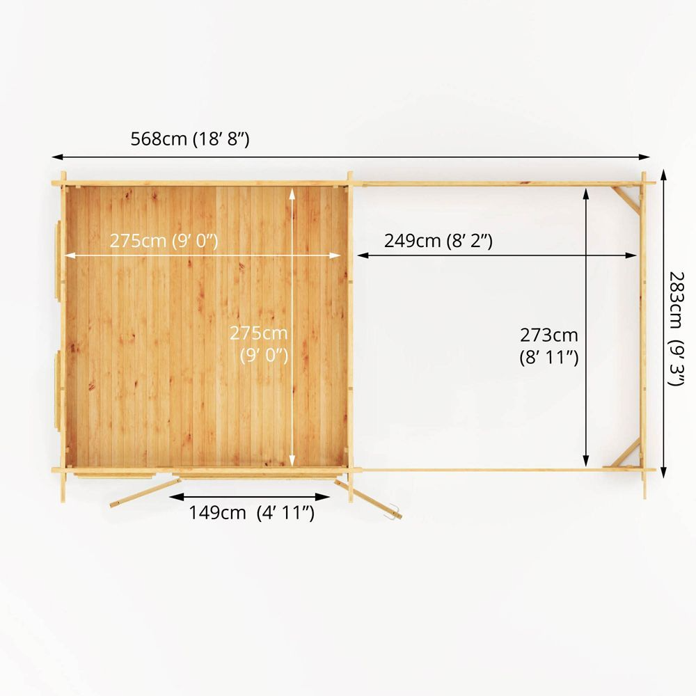 6m x 3m Pent Roof Log Cabin with Slatted Area - Secure Double Doors, Quality Timber, Ideal for Home Office or Relaxation