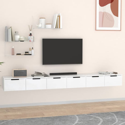 Wall Mounted White Wooden TV Stand with 6 Drawers for Modern Living Room