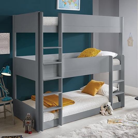 Grey Solid Pine Three-Tier Bunk Bed for Kids – Accommodates Three Single Mattresses