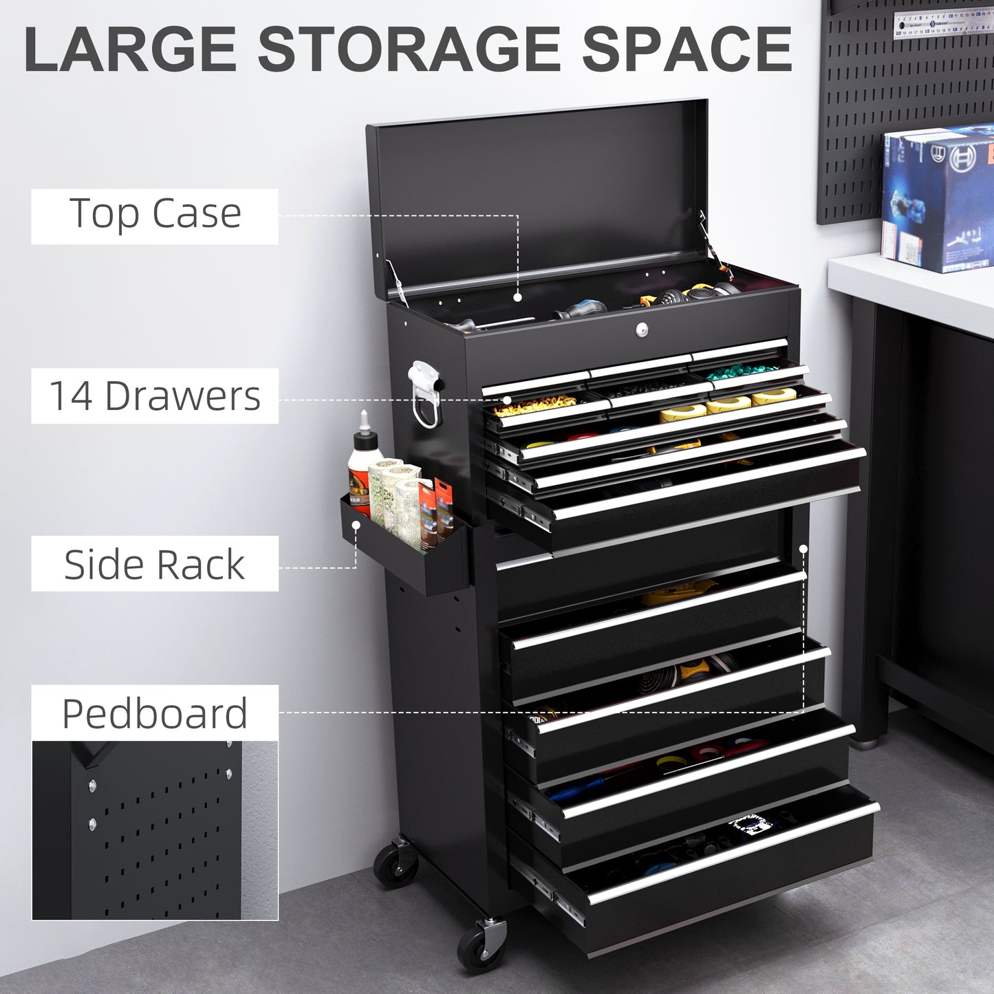 HOMCOM 9 Drawer, Two-Part Tool Storage Chest on Wheels - Black