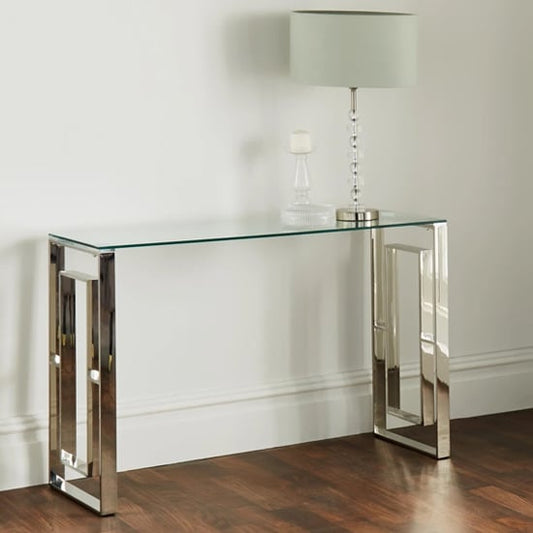 Modern Clear Glass Console Table with Silver Metal Frame for Entryway or Living Room