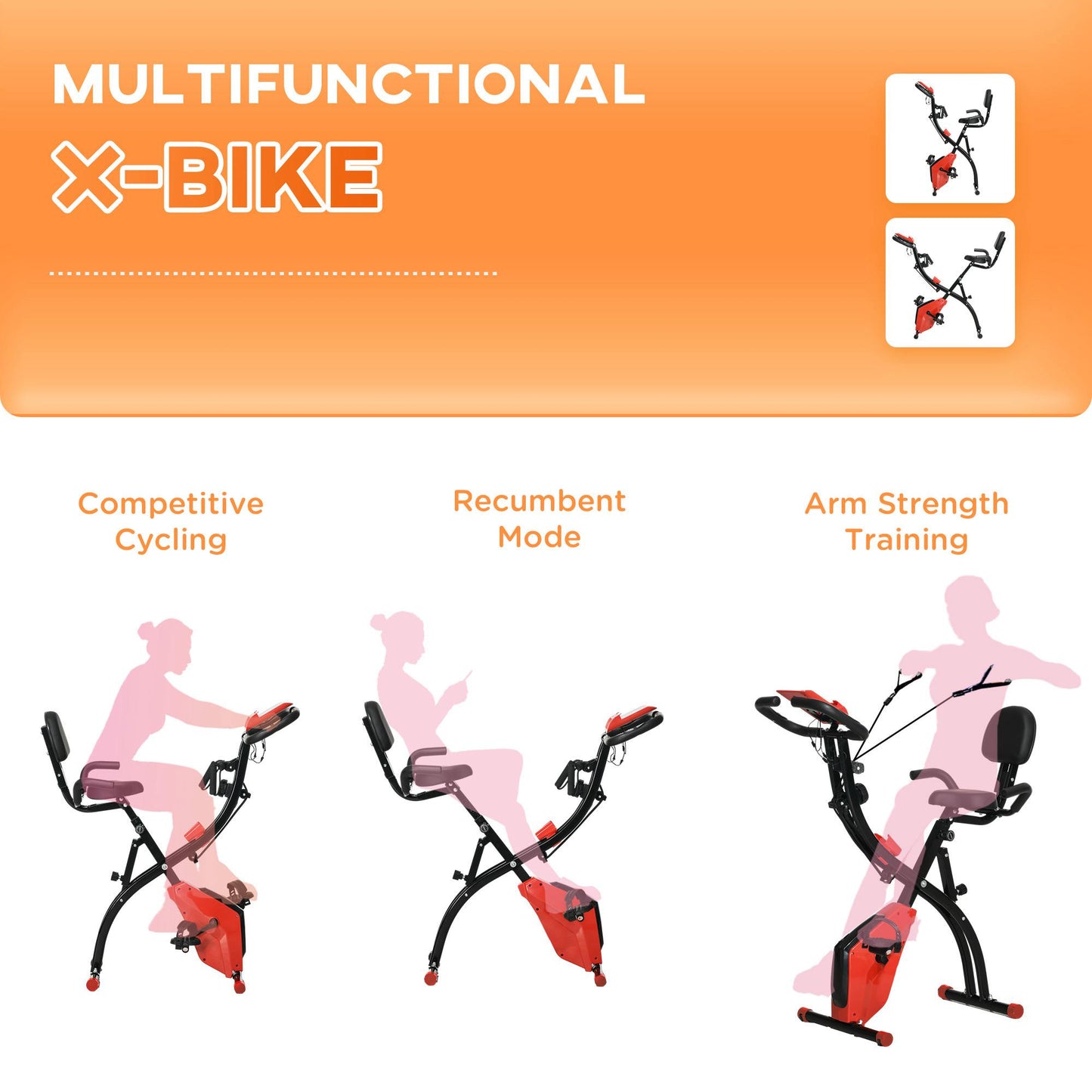 HOMCOM -in-1 Folding Exercise Bike with 8-Level Magnetic Resistance, Arm Resistance Band, Pulse Sensor, Red