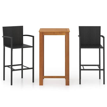 FURCO Natural Wood Bar Table with Two Black Rattan Chairs for Outdoor Dining