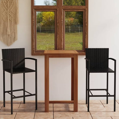 FURCO Natural Wood Bar Table with Two Black Rattan Chairs for Outdoor Dining