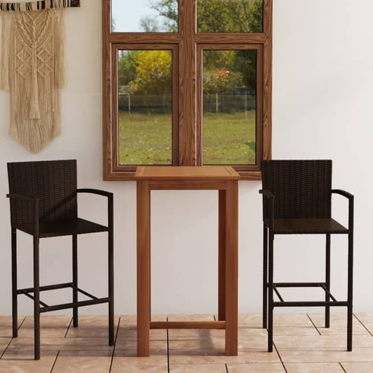 Elegant Outdoor Bar Set with Natural Wood Table and 2 Brown Rattan Chairs