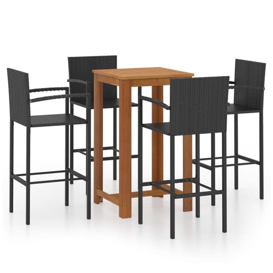 Elegant Acacia Wood Garden Bar Table Set with 4 Black Rattan Chairs