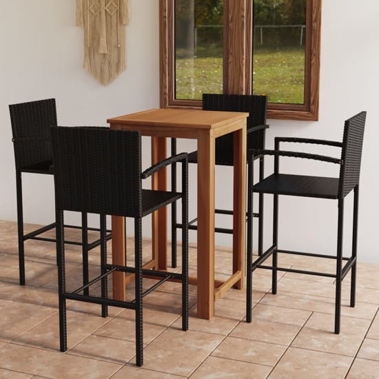 Elegant Acacia Wood Garden Bar Table Set with 4 Black Rattan Chairs