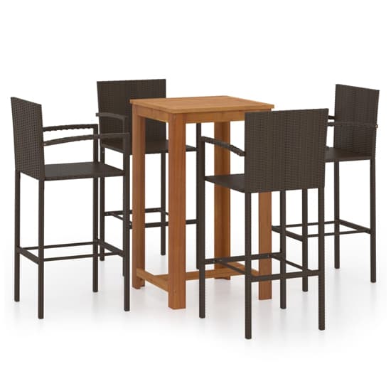 Outdoor Acacia Wood Bar Table Set with 4 Brown Rattan Chairs