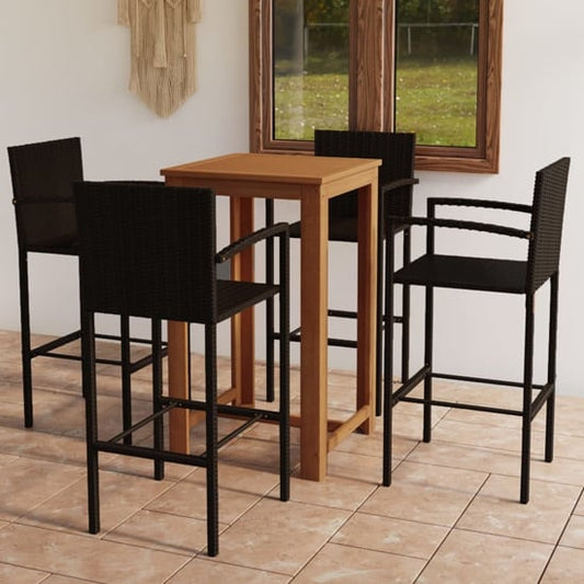 Outdoor Acacia Wood Bar Table Set with 4 Brown Rattan Chairs