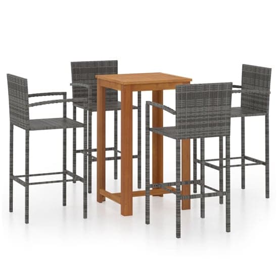 Elegant Acacia Wood Bar Table Set with 4 Grey Rattan Chairs for Outdoor Spaces