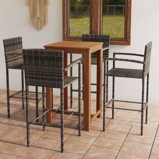 Elegant Acacia Wood Bar Table Set with 4 Grey Rattan Chairs for Outdoor Spaces