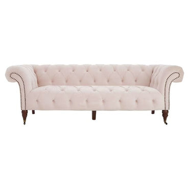 Chesterfield-Inspired 3 Seater Sofa in Muted Pink Upholstery with Rolled Arms and Button Tufting