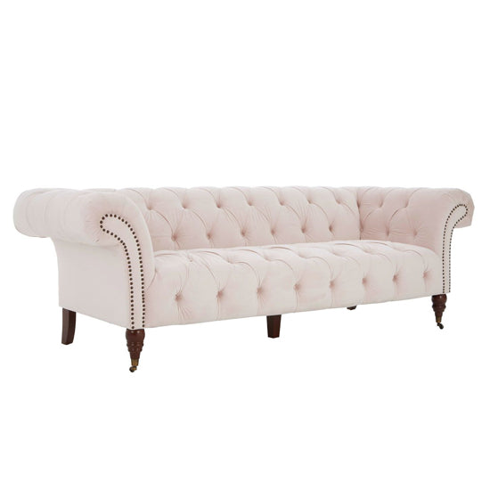 Chesterfield-Inspired 3 Seater Sofa in Muted Pink Upholstery with Rolled Arms and Button Tufting