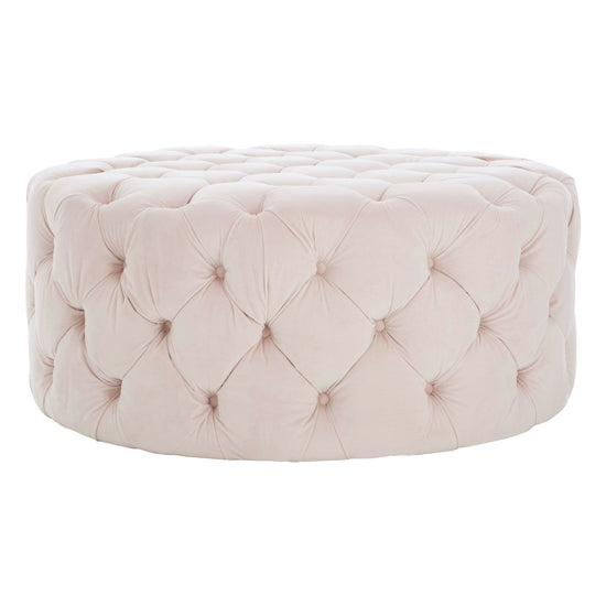 Round Tufted Footstool in Muted Pink Fabric - Stylish Upholstered Accent for Living Room