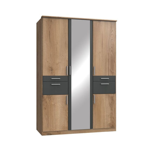 Kodera 3 Door Wardrobe with 2 Drawers and Mirrored Doors - Modern Oak Storage Solution