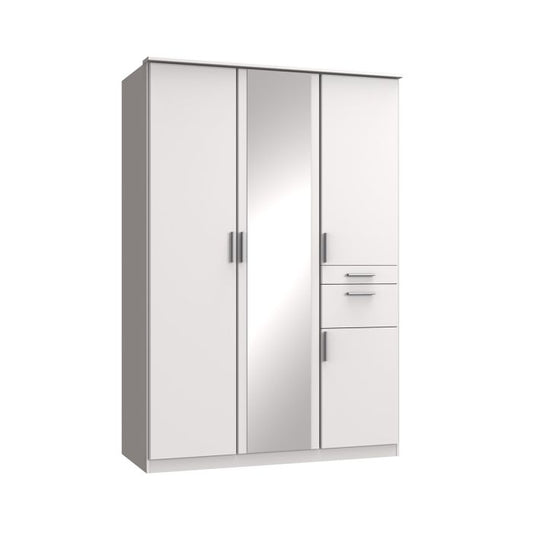 Modern White 3 Door Wardrobe with Mirrored Front and 2 Drawers for Stylish Storage