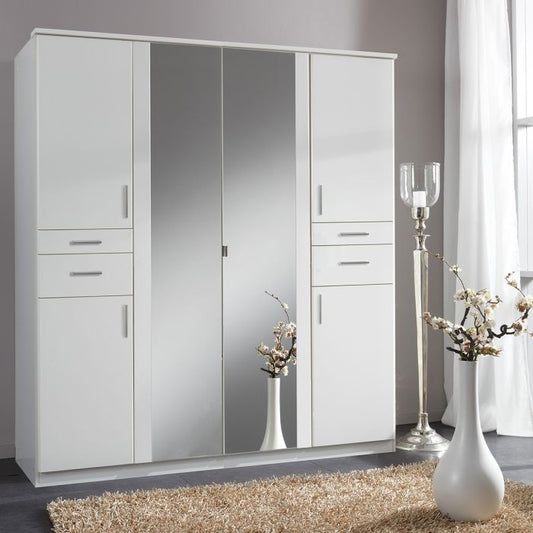 White 4-Door Mirrored Wardrobe with Drawers and Shelving | Spacious Storage Solution by Furco