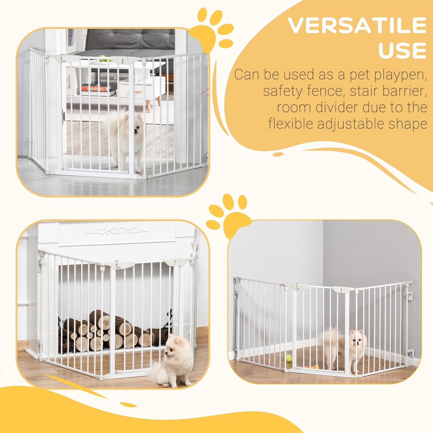 PawHut Pet Safety Gate, 3 Panels Playpen Fireplace, Metal Fence, Stair Barrier, Room Divider w/ Walk-Through Door - White