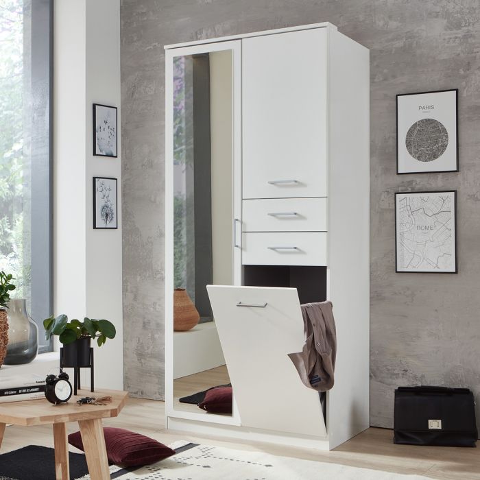 White 2 Door Mirrored Wardrobe with 2 Drawers and Shelving | Hinged | White | Mirror and Drawers | 2 Doors | 90cm