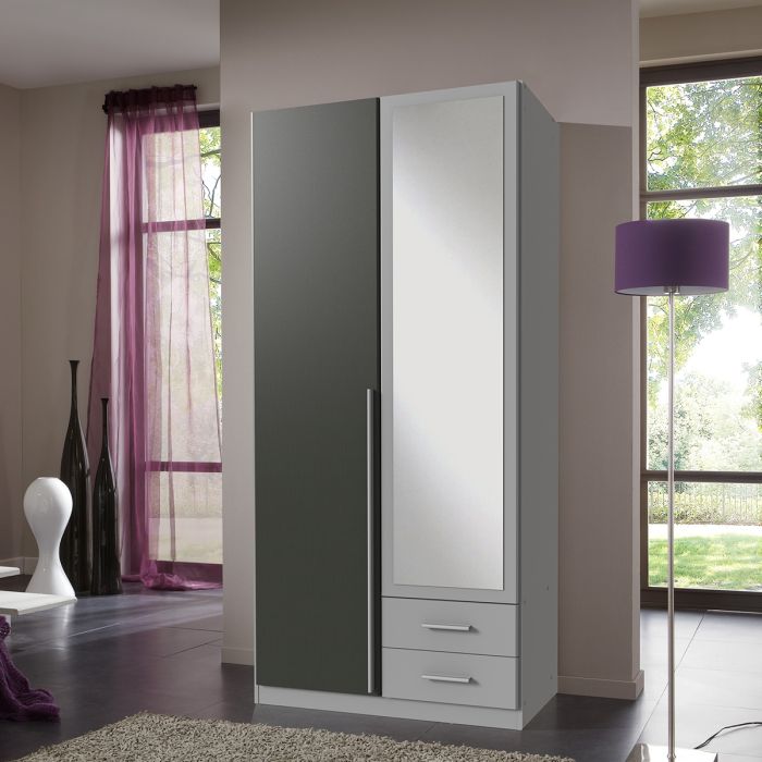 Husam Grey Hinged Wardrobe with Mirror & Drawers | 2 Doors | 90cm