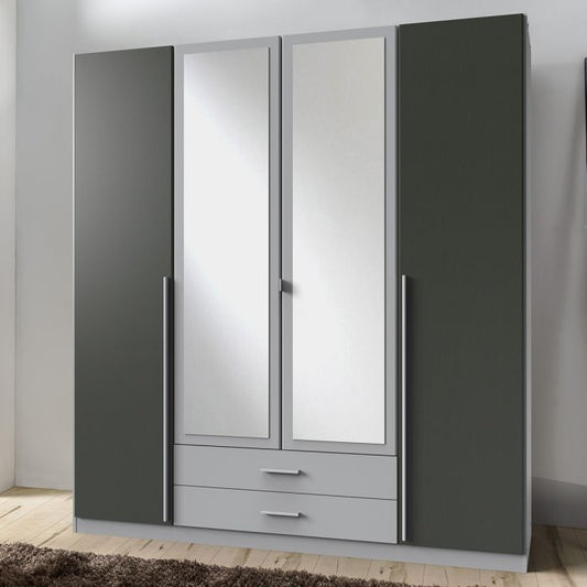 Husam 4 Door Mirrored Wardrobe in Grey | Sleek Bedroom Storage | Furco