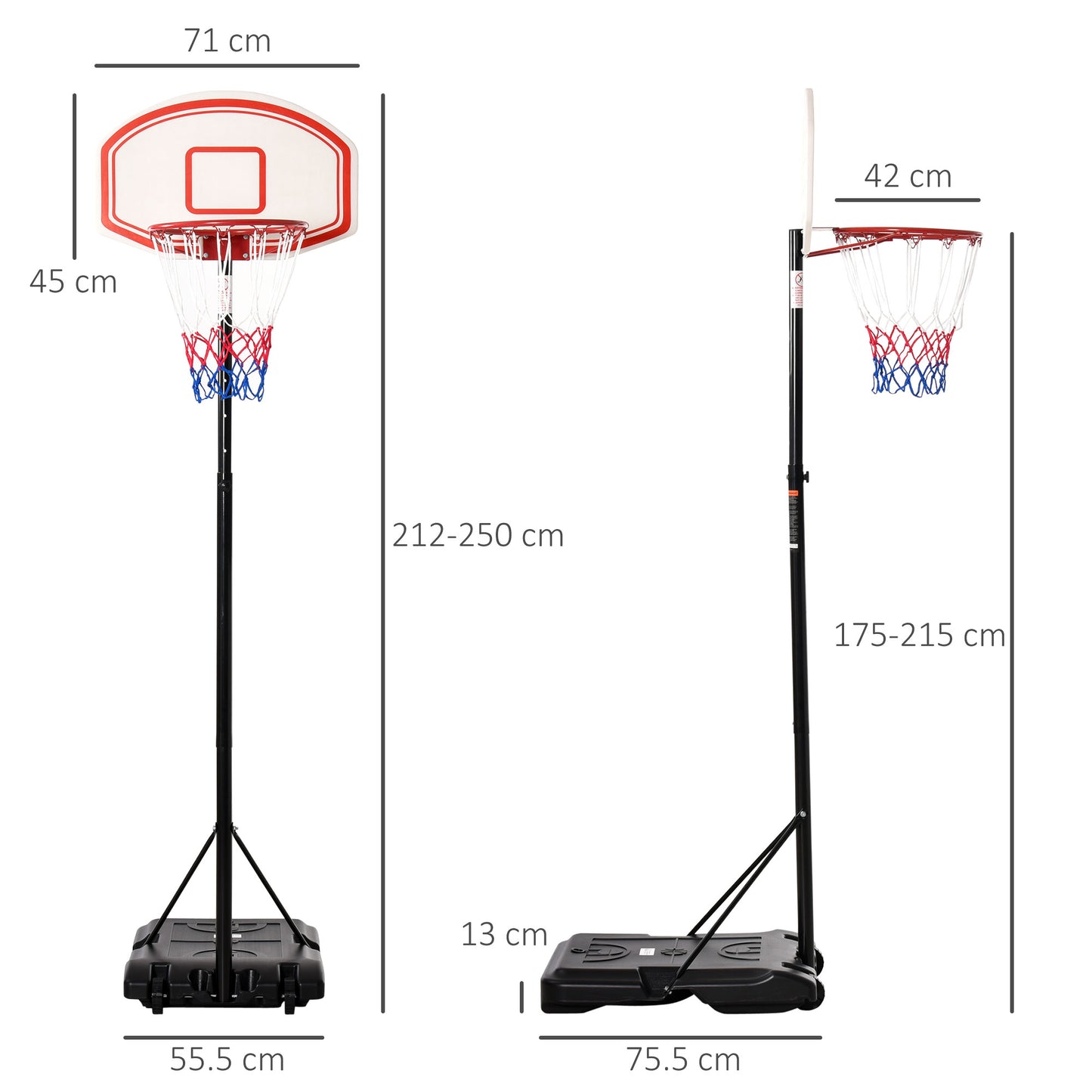 HOMCOM ortable Basketball Stand 175-215cm Adjustable Height Sturdy Rim Hoop w/ Large Wheels Stable Base Net Free Standing