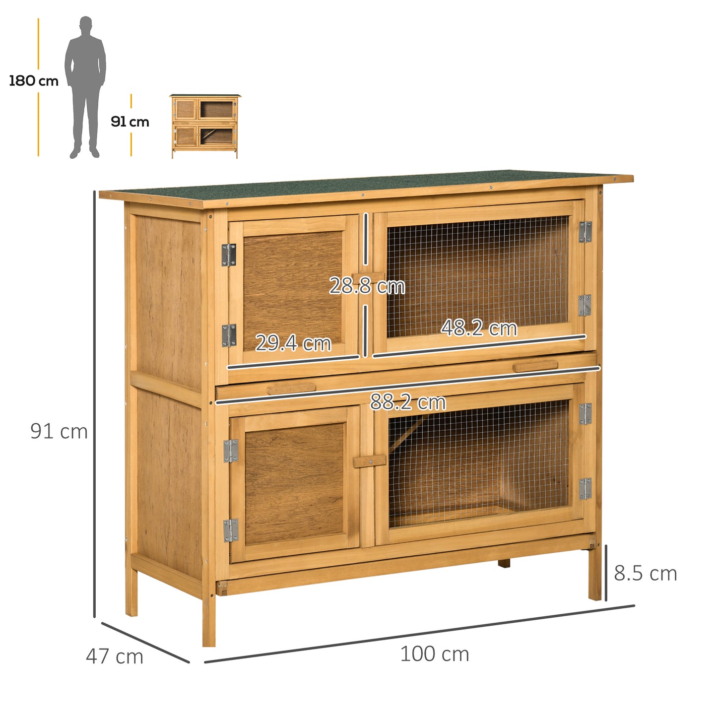 PawHut Two-Tier Rabbit Hutch, with Removable Trays, for 1-2 rabbits - Brown