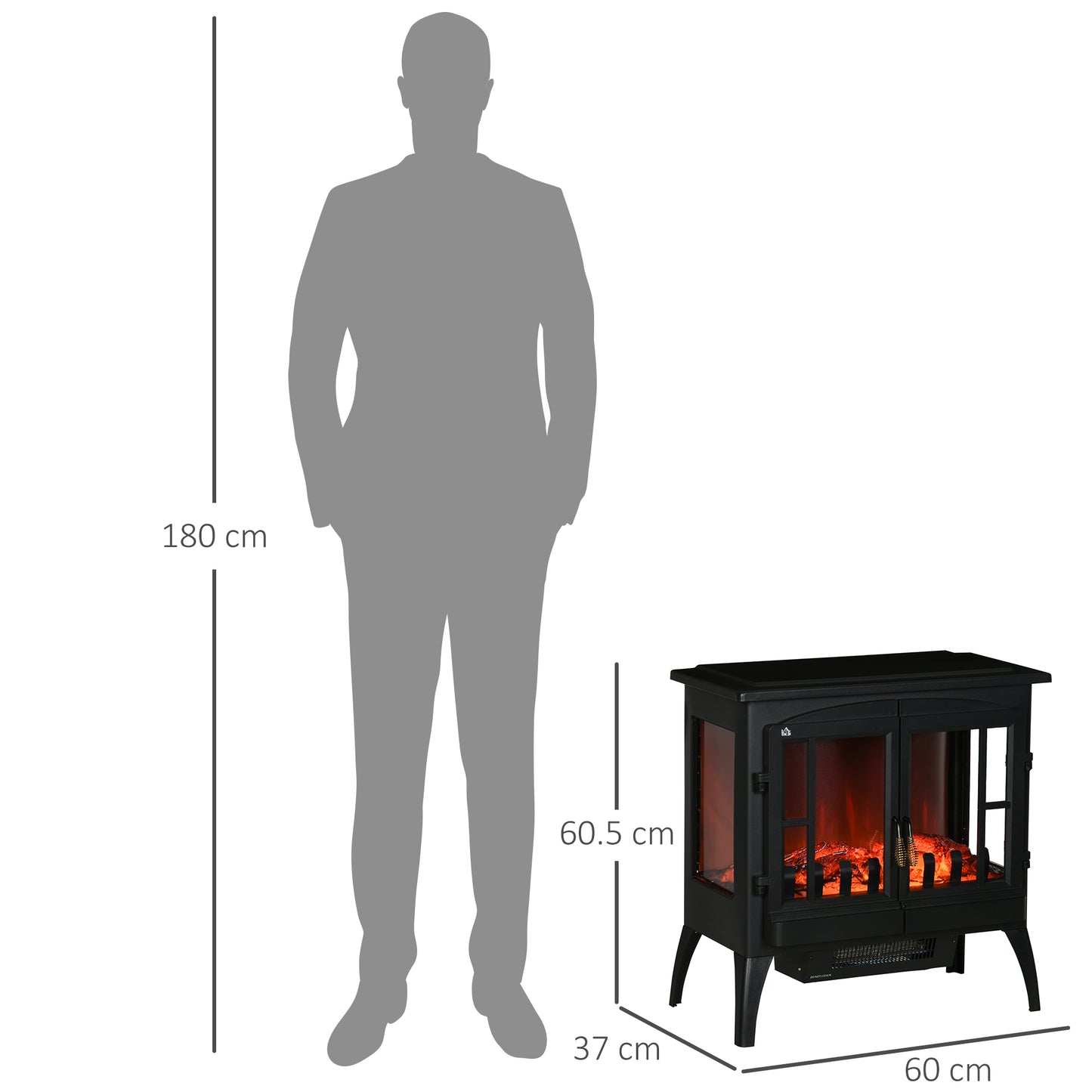 HOMCOM -Sided Electric Fireplace Heater, Quiet Freestanding Fire Stove with LED Flame Effect, Level-less Temperature Control, Overheating Protection, 1000W/2000W, Black