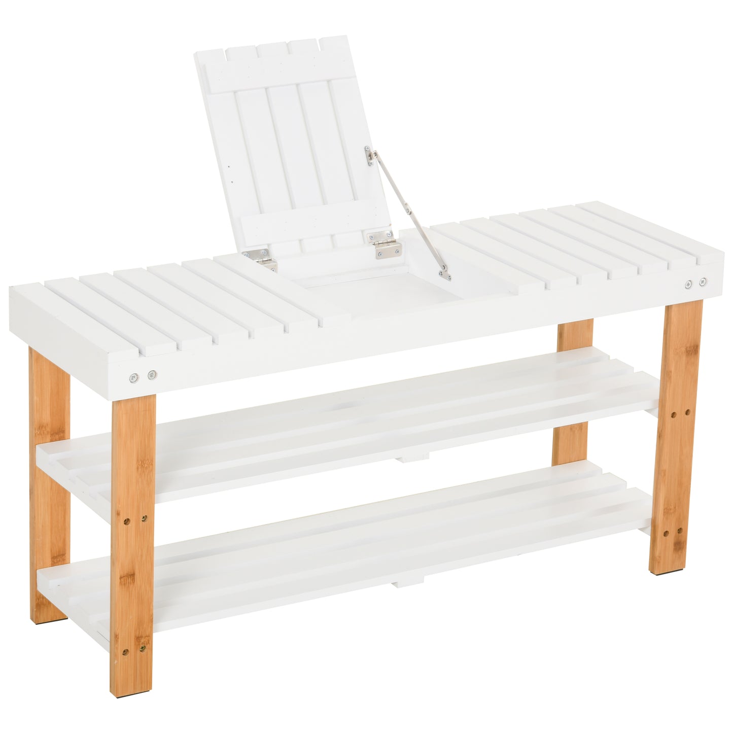 HOMCOM ooden Shoe Bench, with Hidden Storage & Shelves - White & Natural