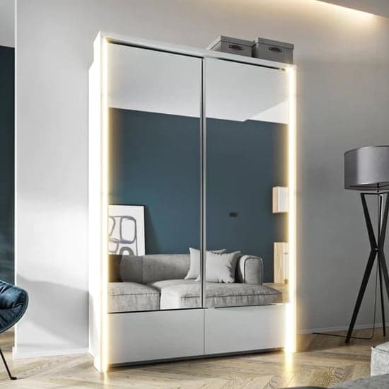 White LED Mirrored Sliding Wardrobe with 2 Doors | Tacoma Design | White | Mirror, LEDs, Drawers | 2 Doors | 150cm