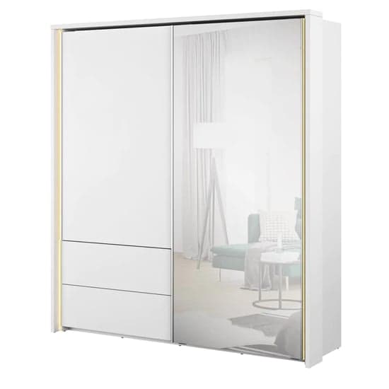 Large White Mirrored Sliding Wardrobe with LED Lighting | Sliding | White | Mirror, Drawers, LED | 2 Doors | 200cm