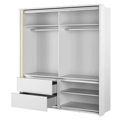 Large White Mirrored Sliding Wardrobe with LED Lighting | Sliding | White | Mirror, Drawers, LED | 2 Doors | 200cm