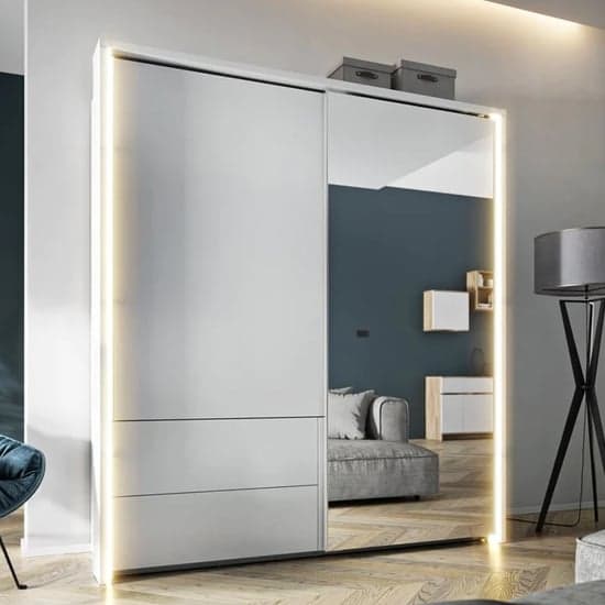 Large White Mirrored Sliding Wardrobe with LED Lighting | Sliding | White | Mirror, Drawers, LED | 2 Doors | 200cm