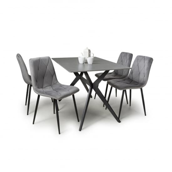 1.2m Grey Sintered Stone Dining Table with 4 Grey Brushed Velvet Chairs