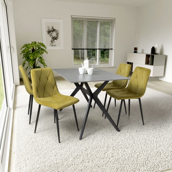 1.2m Grey Sintered Stone Dining Table with 4 Yellow Brushed Velvet Chairs