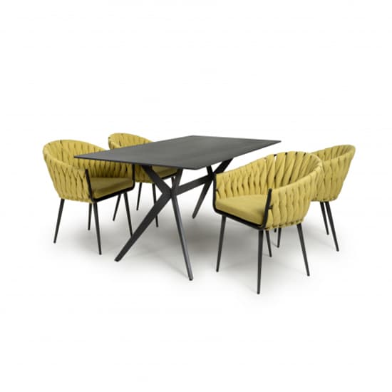 1.6m Black Sintered Stone Dining Table with 4 Yellow Braided Chairs