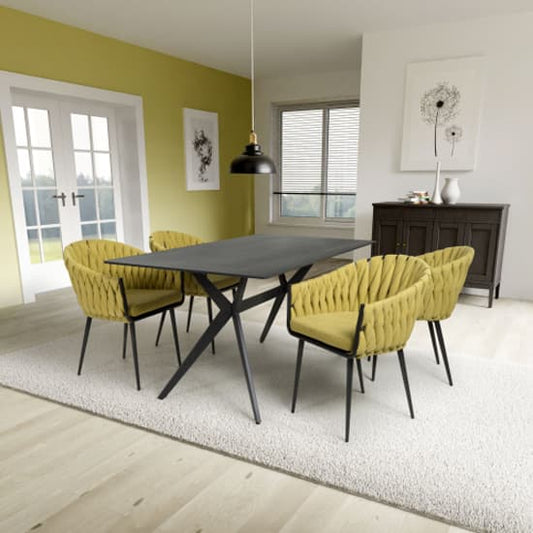 1.6m Black Sintered Stone Dining Table with 4 Yellow Braided Chairs