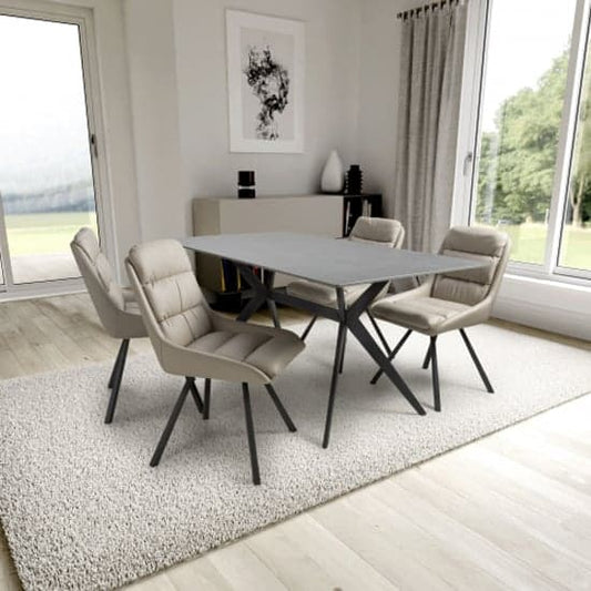 1.6m Grey Sintered Stone Dining Table with 4 Cream Leather Effect Chairs