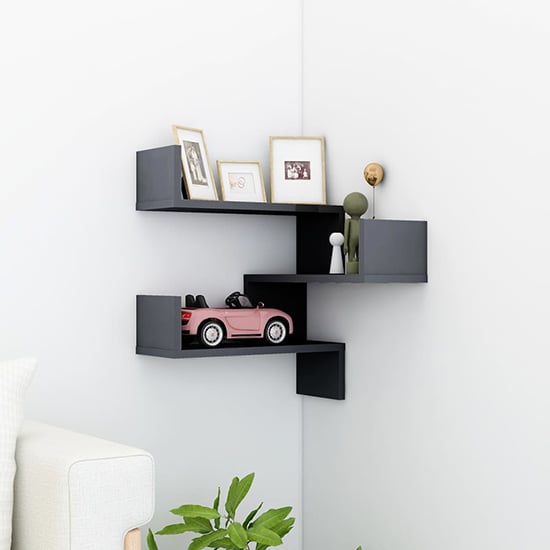 FURCO Grey High Gloss Corner Wall Shelf - Space-Saving Storage for Living Room and Bedroom