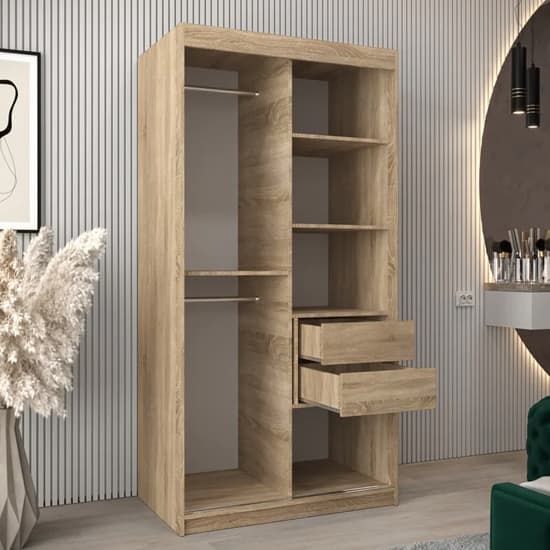 100cm Tavira II Mirrored Sliding Wardrobe | Sonoma Oak | Mirror | 2 Doors | 100cm