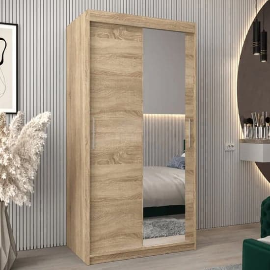 100cm Tavira II Mirrored Sliding Wardrobe | Sonoma Oak | Mirror | 2 Doors | 100cm