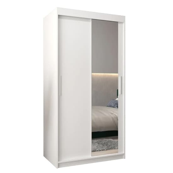 100cm White Sliding Door Wardrobe with Mirror and Shelves - Tavira II