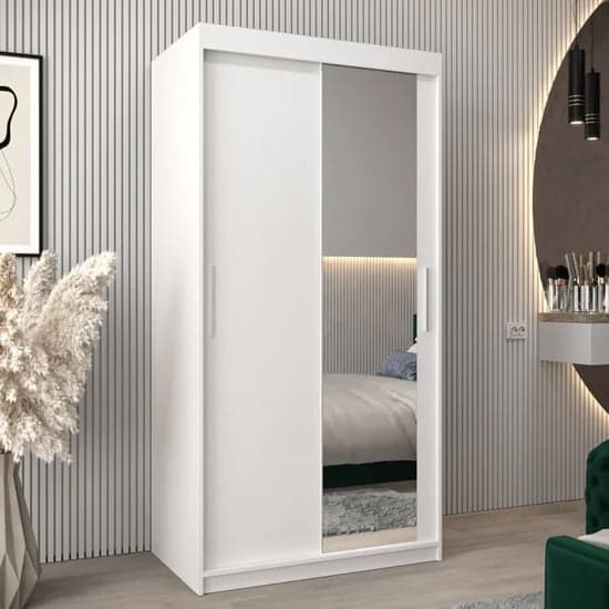 100cm White Sliding Door Wardrobe with Mirror and Shelves - Tavira II