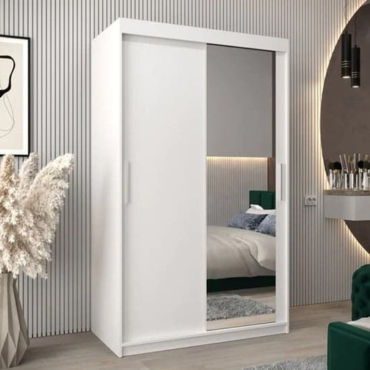 White 120cm Tavira II Mirrored Sliding Wardrobe | White | Mirror | 2 Doors | 120cm