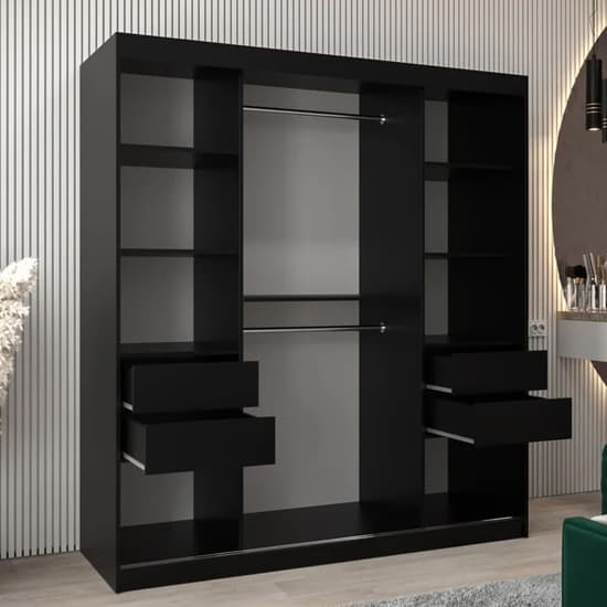 Tavira II Wardrobe | Sliding | Black | Mirror and Shelves | 2 Doors | 180cm