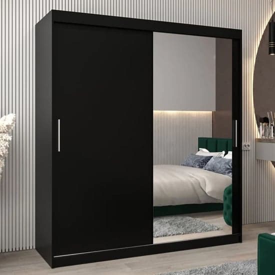 Tavira II Wardrobe | Sliding | Black | Mirror and Shelves | 2 Doors | 180cm