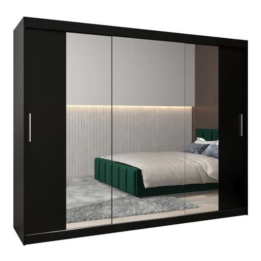 Tavira II Black Sliding Wardrobe | Mirror | 3 Doors | 250cm